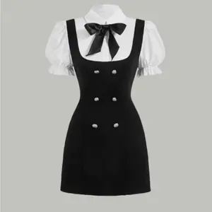 Sweet Cute Two-In-One Dress with Lion Head Buckles, Detachable Bow, Preppy Style, Fashionable and Versatile for School and Youth