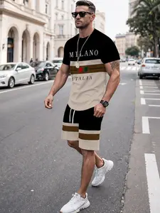 New High-Quality Letter Print Men's Summer Casual Athletic T-Shirt and Shorts Set, Two-Piece Sports, Colorblock Stripes, Comfortable and Stylish