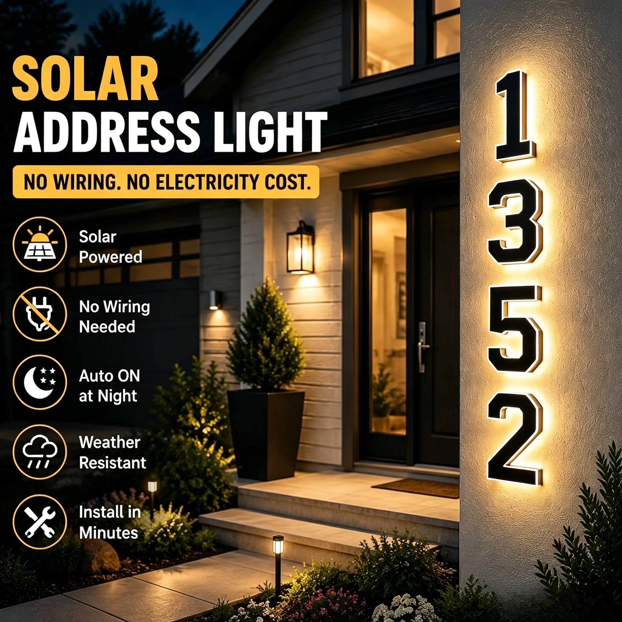 9-inch Outdoor Solar Numbered House Address Light, IP44 Waterproof / Smart Light-Sensor LED Address Sign, No Wiring Required, Entry Door Decorative Light home decor
