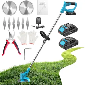 Weed Wacker, String Trimmer 21V with 2 Batteries 2.0Ah, 2 Types Blades Powered Grass Trimmer, Pruning Shears, Pole Weed Trimmer for and Yard Lawn, Blue