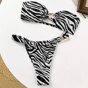 Girls Club Zebra Print Bikini, Gold Detailing
