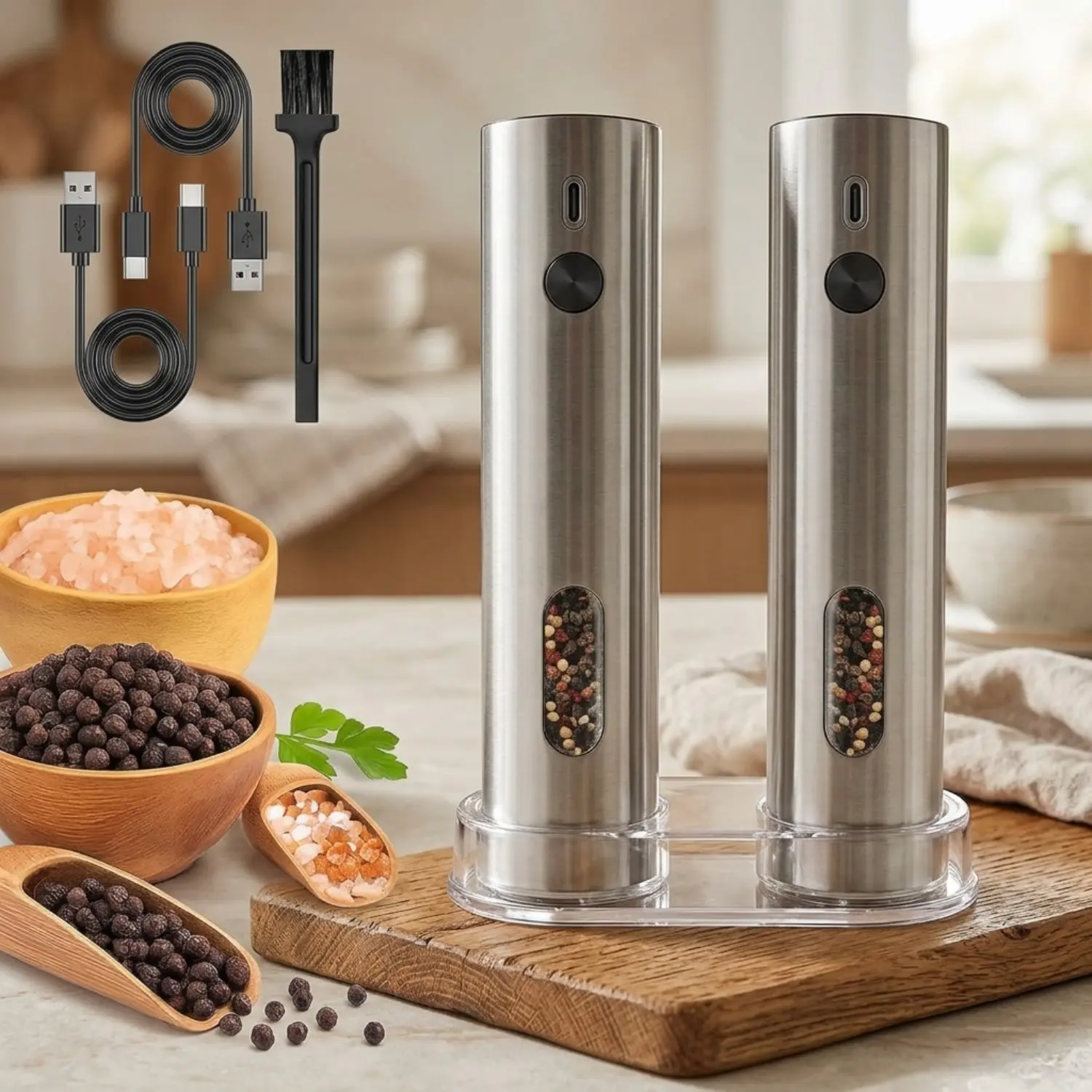 Littleox Rechargeable Electric Salt and Pepper Grinder Set 2 Pack, Automatic Salt Pepper Mills, 6-Level Adjustable Grind Coarseness, LED Illuminated, 110ml Large Container, Type-C USB Charging, Kitchen Cooking Spice Tools