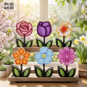 6 Piece PVC Tabletop Decor Set, Spring Dining Room Decoration, Country Tulip Daisy Centerpiece, Multi-Layer Tray Floral Arrangement