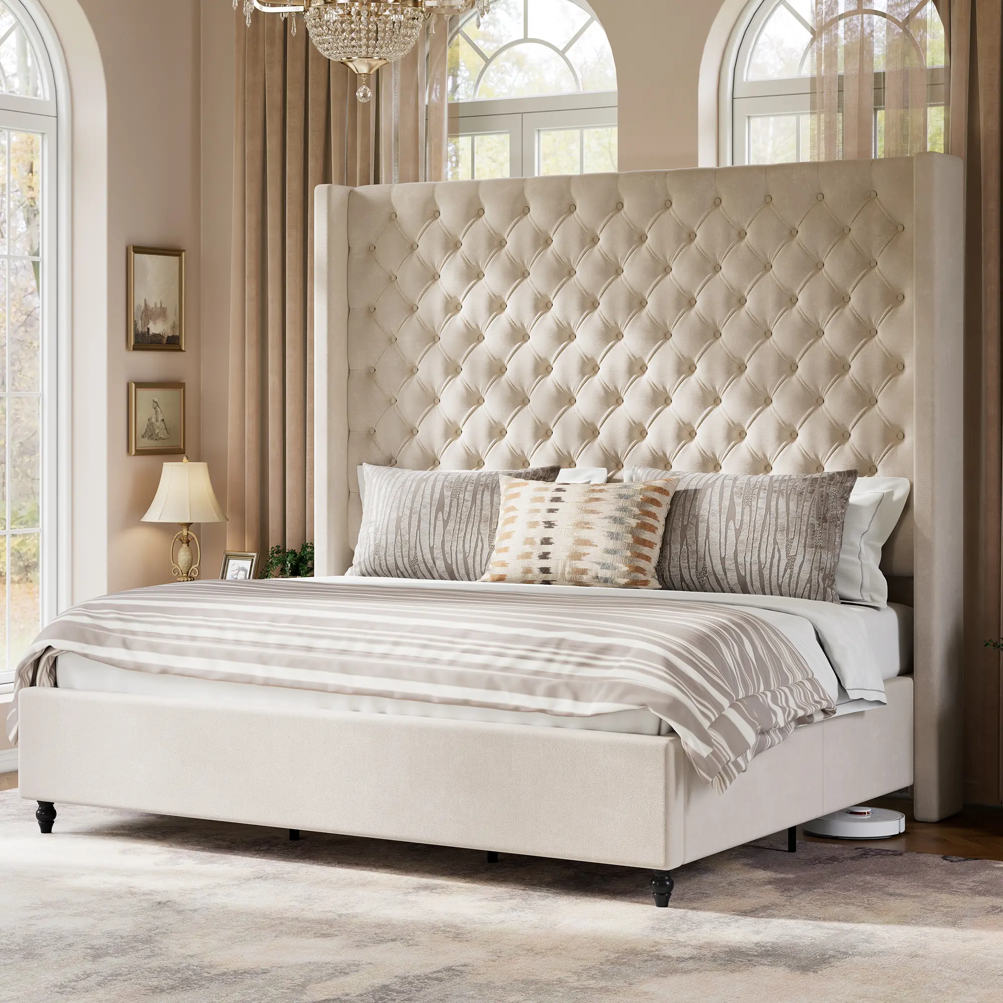 [SummerSale]Amerlife Upholstered Wingback Bed Frame - 63" Tall Headboard, Handcrafted Pleats, Deep Button Tufting, Solid Wood Legs, No Box Spring Needed, Platform Bed Frame, Tufted Headboards, Wingback Bed Frames