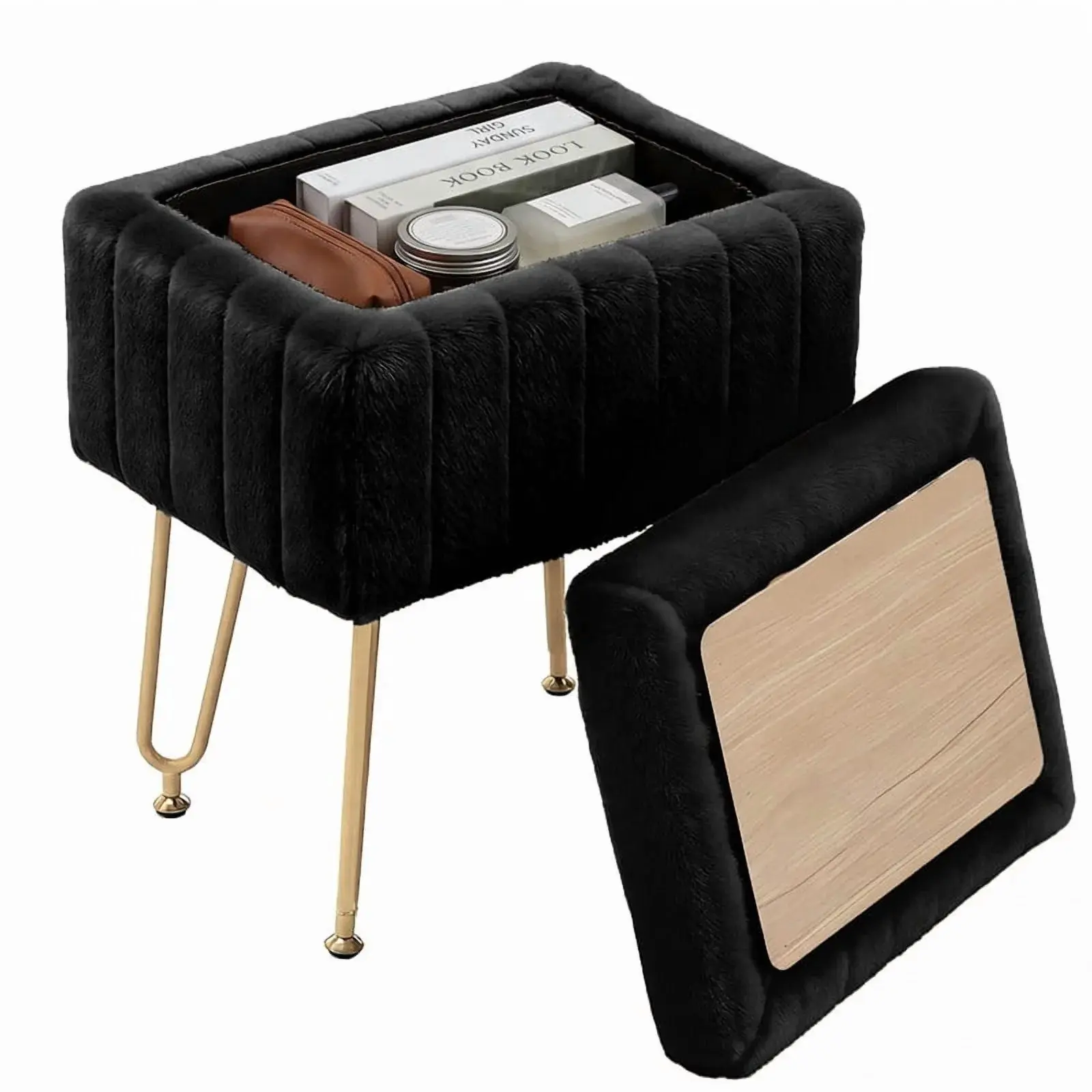 Square Ottoman With Table Top, Comfortable Footrest With Storage, Vanity Stool Suitable For Living Room,Bedroom, Black