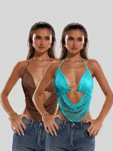 Sexy Halter Neck Backless Knit Top Set, Metal Ring Detail, Two-Piece Fit, Perfect for Parties & Nightouts, Trendy Women's Clothing
