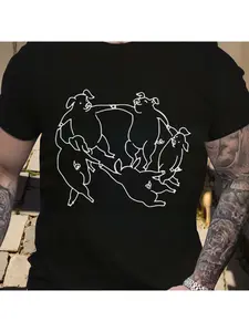 Matisse's new summer short-sleeve T-shirt for men and women, featuring dancing dogs and pigs, art-inspired pure cotton top, couple's trendy outfit