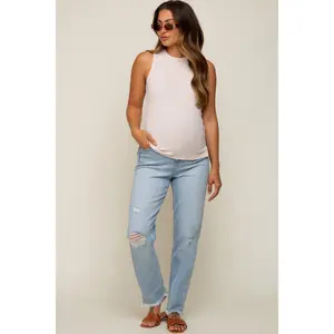 Light Blue Distressed Frayed Hem Maternity Jeans