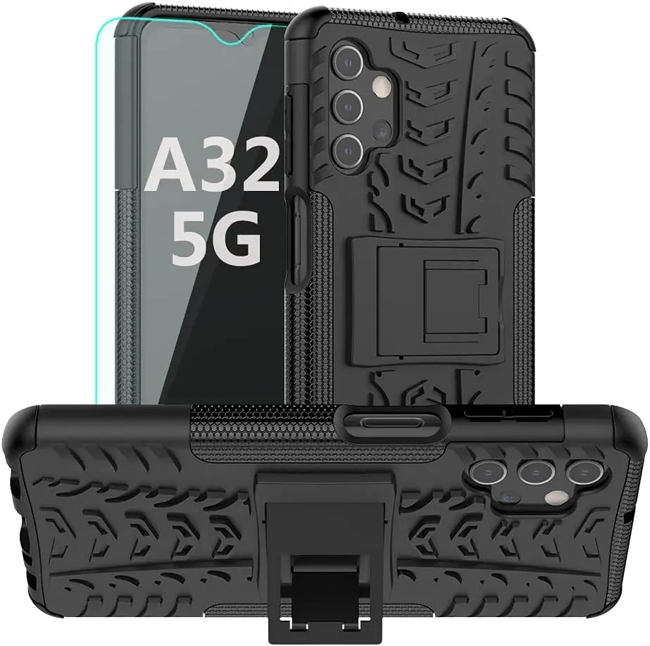 for Galaxy A32 5G Case,with HD Screen Protector, [Shockproof] Tough Rugged Dual Layer Protective Case Hybrid Kickstand Cover for Samsung Galaxy A32 5G (Black)