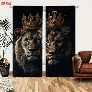 2D Flat 2-Pack Majestic Lion King Inspired Blackout Privacy Grommet Curtains with Golden Crown & Red Gemstone Details, Silvery-Gray & Brown Mane Lions on Dark Background, Luxurious Decorative Curtains for Bedroom Living Room, 52x84 inches, Window Curtain