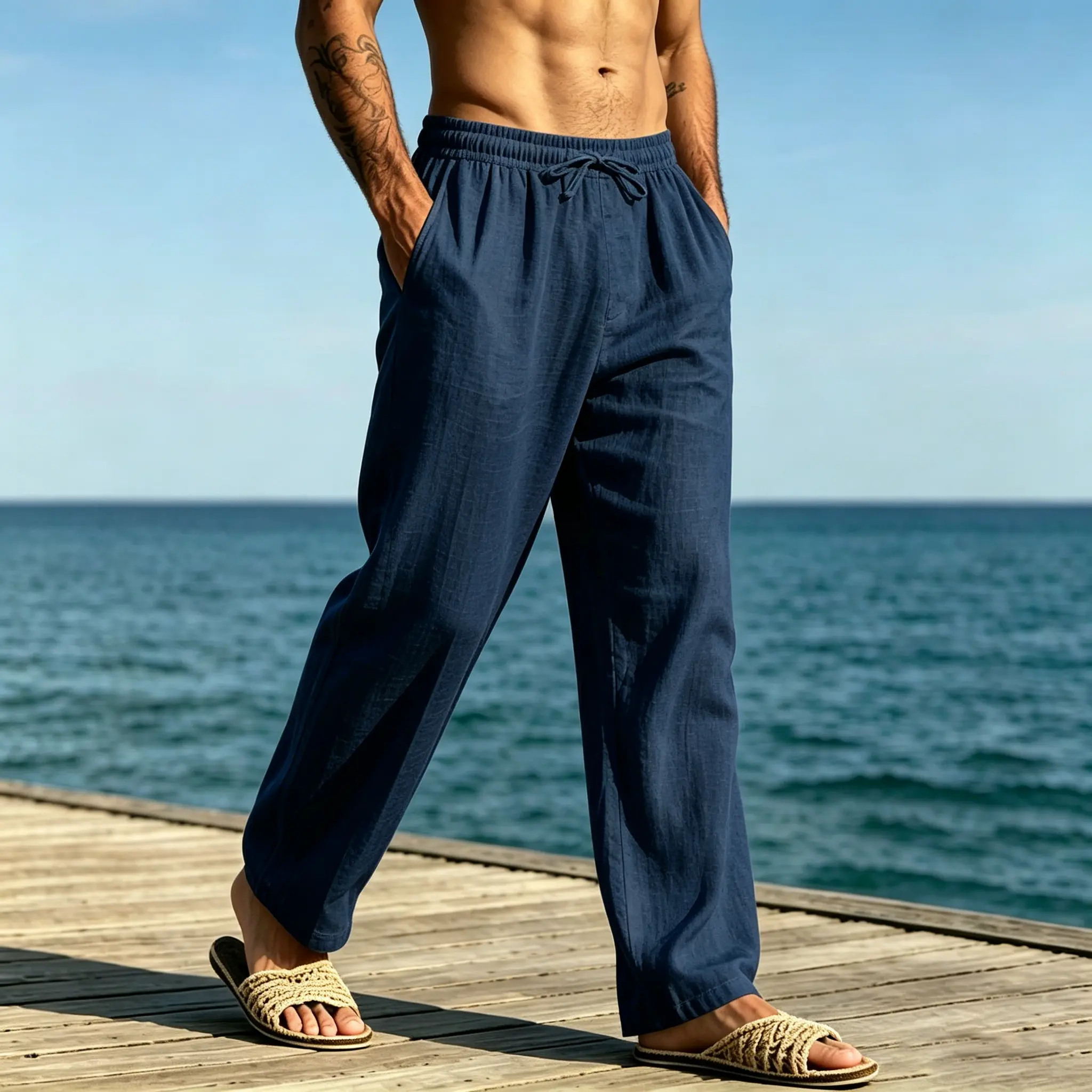 Men's summer solid-color casual long pants, lightweight and breathable with an adjustable drawstring design; stylish and versatile.Men’s clothing; suitable for everyday wear, home, travel, vacations, seaside, and beach outfits. Loose fit, wide legs