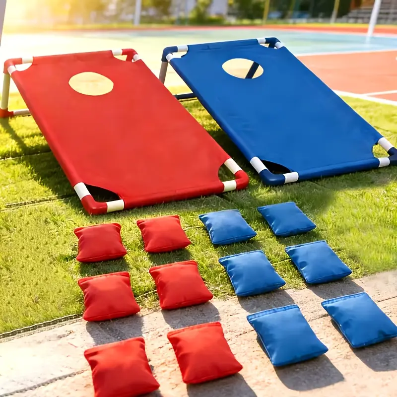 Cornhole Game Set - Blue & Red Corn Plates with 12 Sandbags & 4 Suction Cups - Perfect for Outdoor Fun