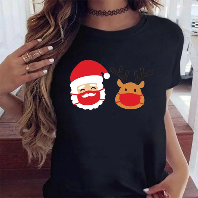 Unisex Christmas T-shirt, Santa & Reindeer Cartoon Print Casual Streetwear Top, 100% Cotton Short Sleeve with Custom Design, Tshirt