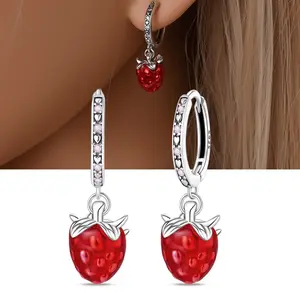 925 Sterling Silver Sweet Strawberry Dangle Earrings For Women Jewelry