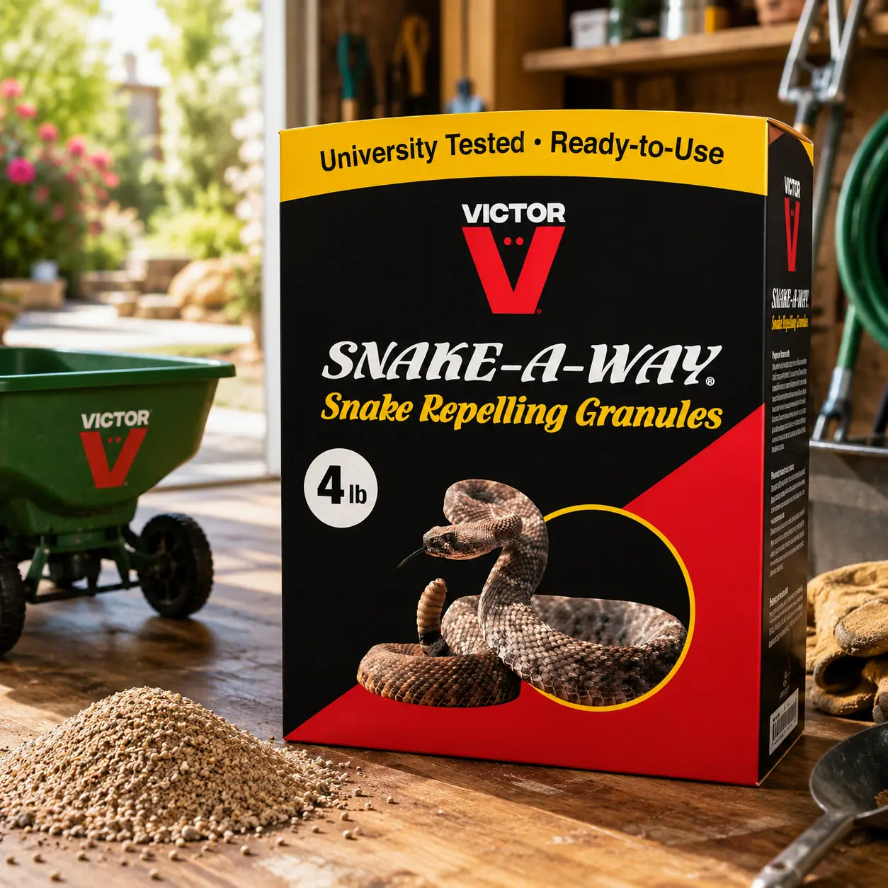 Victor Snake-A-Way Outdoor Snake Repelling Granules, 4 lb Pest Control for Yds & Gardens, Protects 1/2 Acre Against Venomous & Non-Venomous Species, VP364B, Homeowners, Long-Lasting