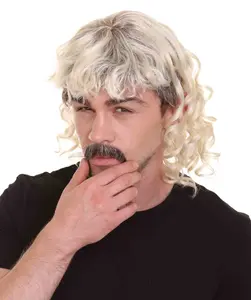 Men's 80's Mullet Wig with Handlebar Mustache Set, Long Curly Zookeeper Style with Flame-Retardant Synthetic Fiber - Blonde
