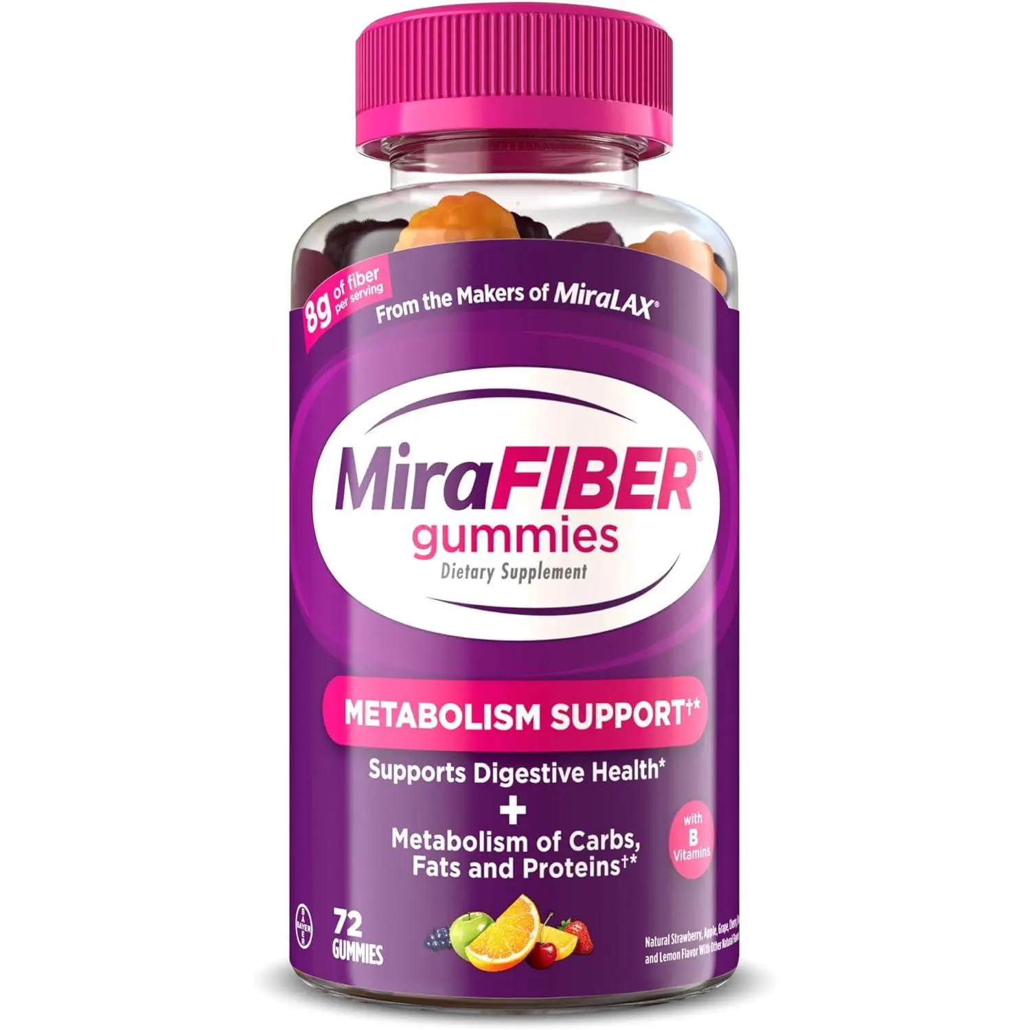 MiraFIBER Gummies from The Makers of MiraLAX, 8g of Daily Fiber Per Serving, Metabolism Support with B Vitamins, Gut Health for Men & Women,Prebiotic Fiber Gummies for Adults, Mixed Fruit Flavor 72Ct