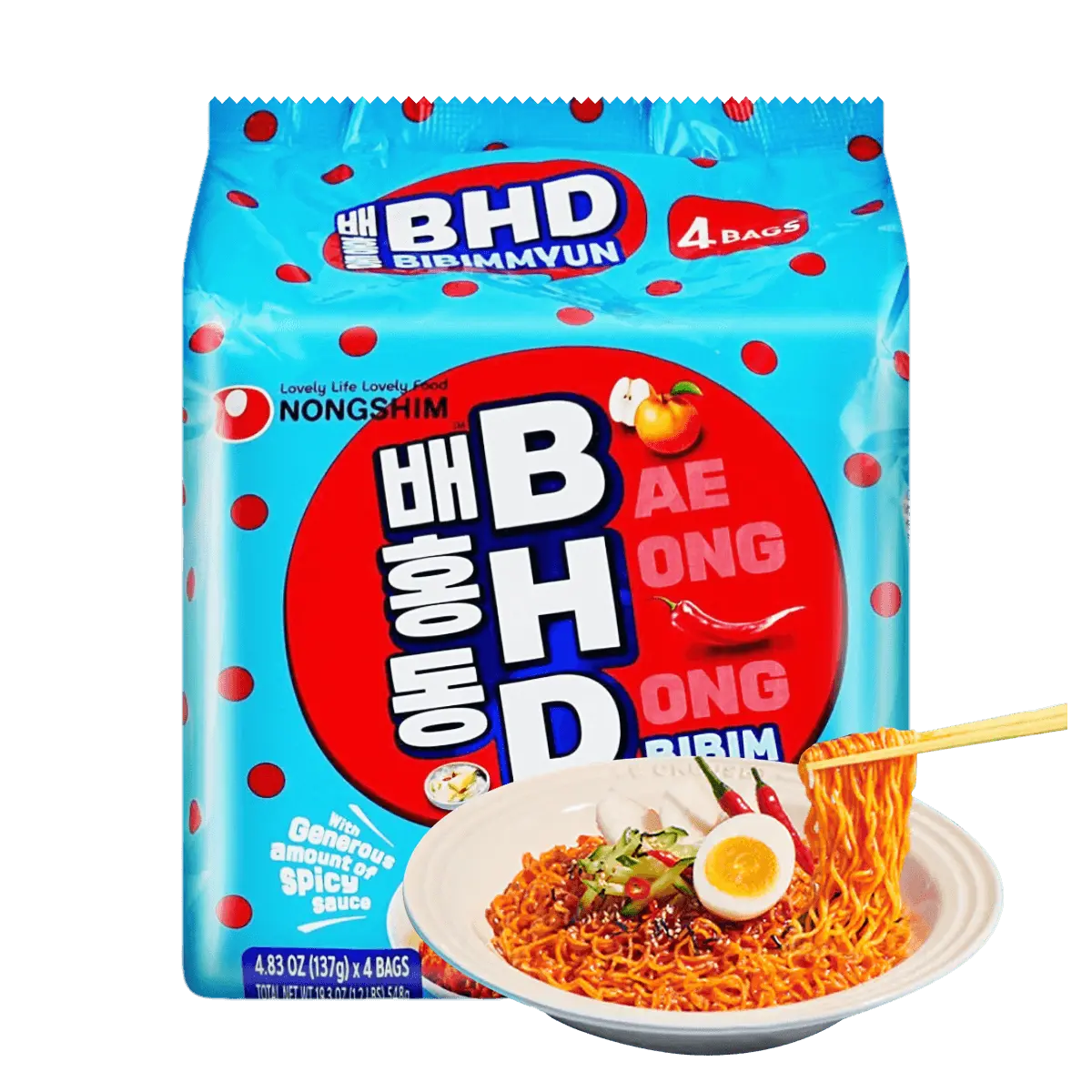 NONGSHIM Korean BHD Bae Hong Dong Sweet & Spicy Cold Noodles - 4 Pack (548g) | Celebrity Favorite