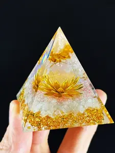 Blue Sapphire Rose Quartz Lotus Symbol Orgon Pyramid, Crystal Orgon Stone Pyramid, Resin Decorative Ornament, Blue Sapphire Crushed Material, Home Decor, Aesthetic Appeal