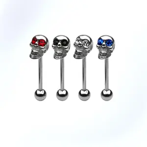 14g skull tongue ring, gem skull tongue barbell, surgical steel, tongue jewelry