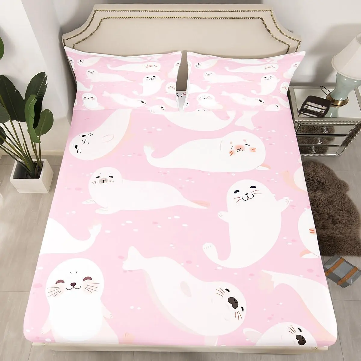 Cartoon Cute Seal Fitted Sheet,Kawaii Sea Animal Pink and White Mattress Cover Bedroom Ocean Themed Style Microfiber Bed Cover(Fitted Sheet & Pillow Case )