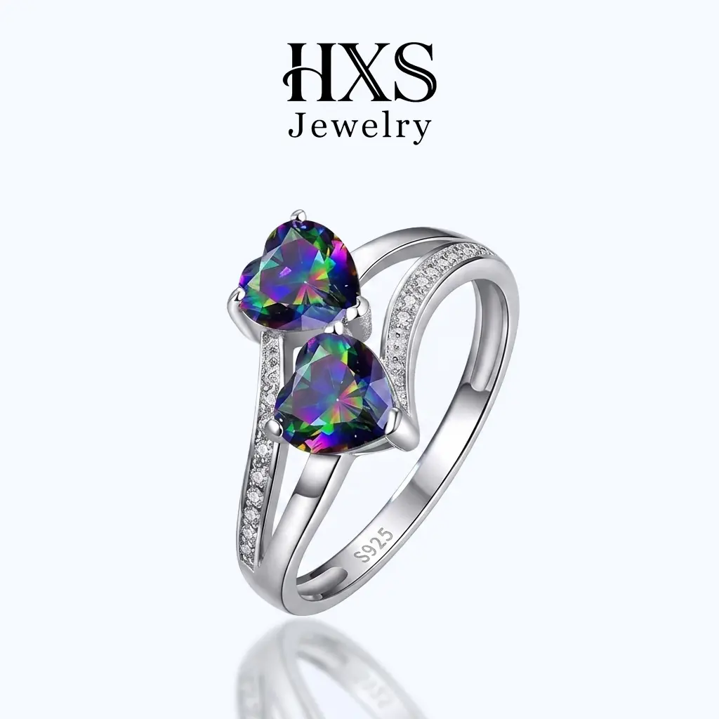 HXS 925 Sterling Silver Double Heart Mystic Topaz Heart Shaped Ring, Sparkling CZ Engagement Promise Ring, Gemstone Wedding Band Gift
