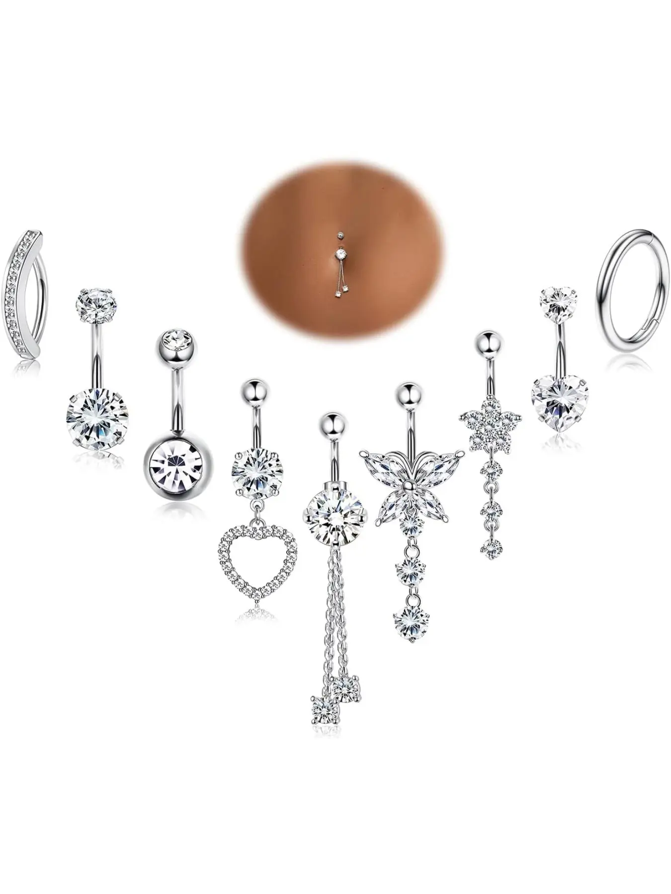 9Pcs Belly Button Bars Silver Gold Surgical Steel Belly Bar CZ Navel Rings Belly Hoops Dangly Belly Piercing Set Body Piercing Jewellery