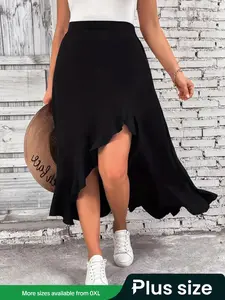 Plus Size Asymmetrical Ruffle Trim High Waist Skirt, Elegant Solid Color Midi A Line Skirt For Daily Vacation Party, Women's Bottoms For All Seasons, Asymmetrical Hem Skirt