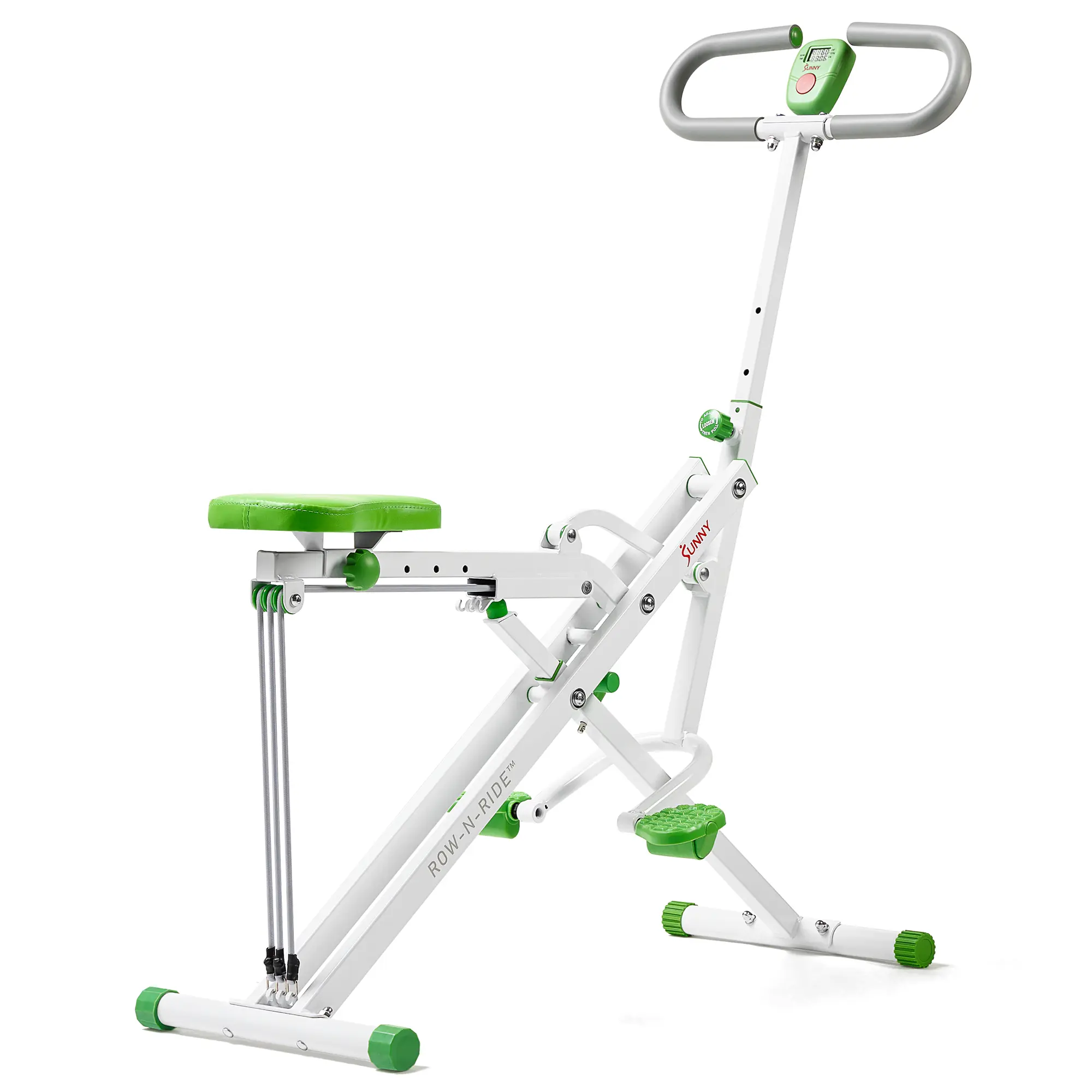 Sunny Health & Fitness Smart Row-N-Ride Hybrid Rowing & Squat Machine, Home Gym Workout Fitness, Adjustable Resistance, Foldable Compact, Squat Assist for Legs/Glutes/Arms, Cardio & Strength Trainer, Green, 300 lbs Capacity