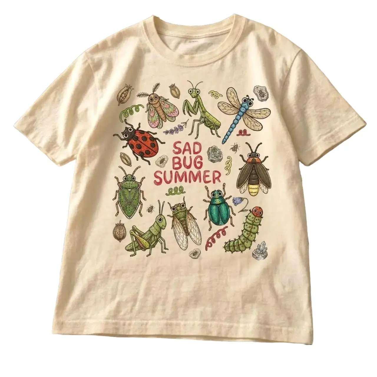 Gildan Women's Off White Sad Bug Summer Graphic Tee 100% Cotton Vintage Insect Botanical Nature Art Unisex Retro Casual Streetwear Gift for Nature Lovers
