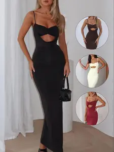 Valentine's Day Women's Low Cut Design Dress, Sexy Long Gown with Adjustable Straps, Ruched Bust Tight Fit, Slim-Fitting Style
