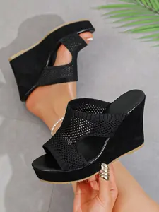 Summer Mesh Hollow Out Women's Sandals, Chunky Heel, Heeled, Fish Mouth Design, Breathable, Fashionable, Casual, Comfortable, Stylish, Rubber