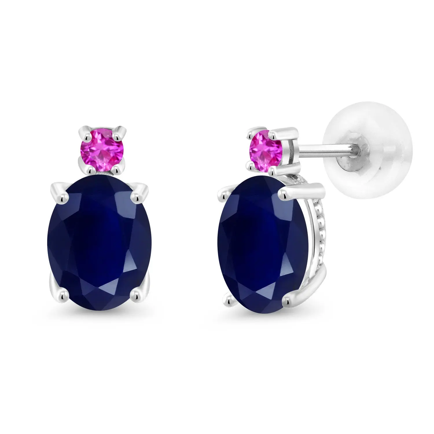 14K White Gold Gemstone Birthstone and Pink Sapphire Stud Earrings For Women | Oval 8X6MM | Round 2.5MM | Elegant Two-Stone Design | Classic Fine Jewelry Earrings