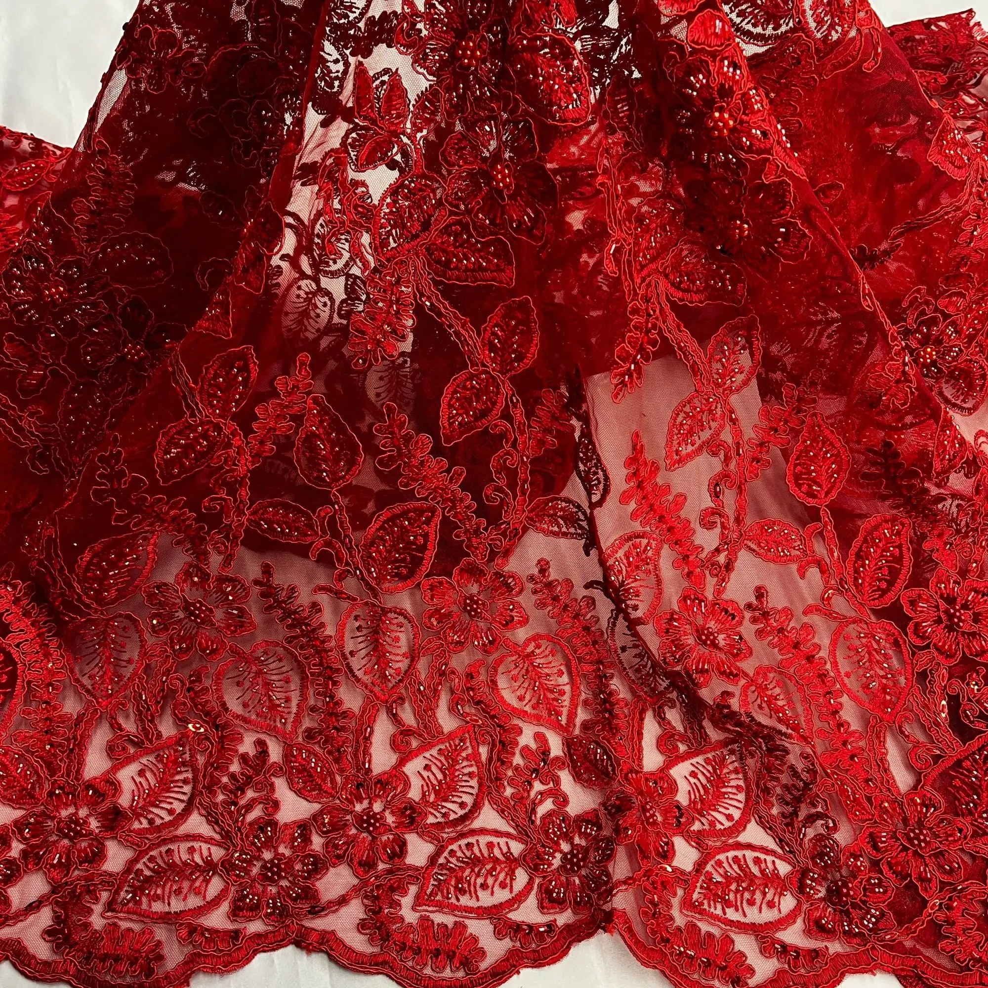 Elegant Beaded & Corded Lace Fabric, Embroidered on 100% Polyester Net Mesh - Lace USA GD-1823, Elegant Lace