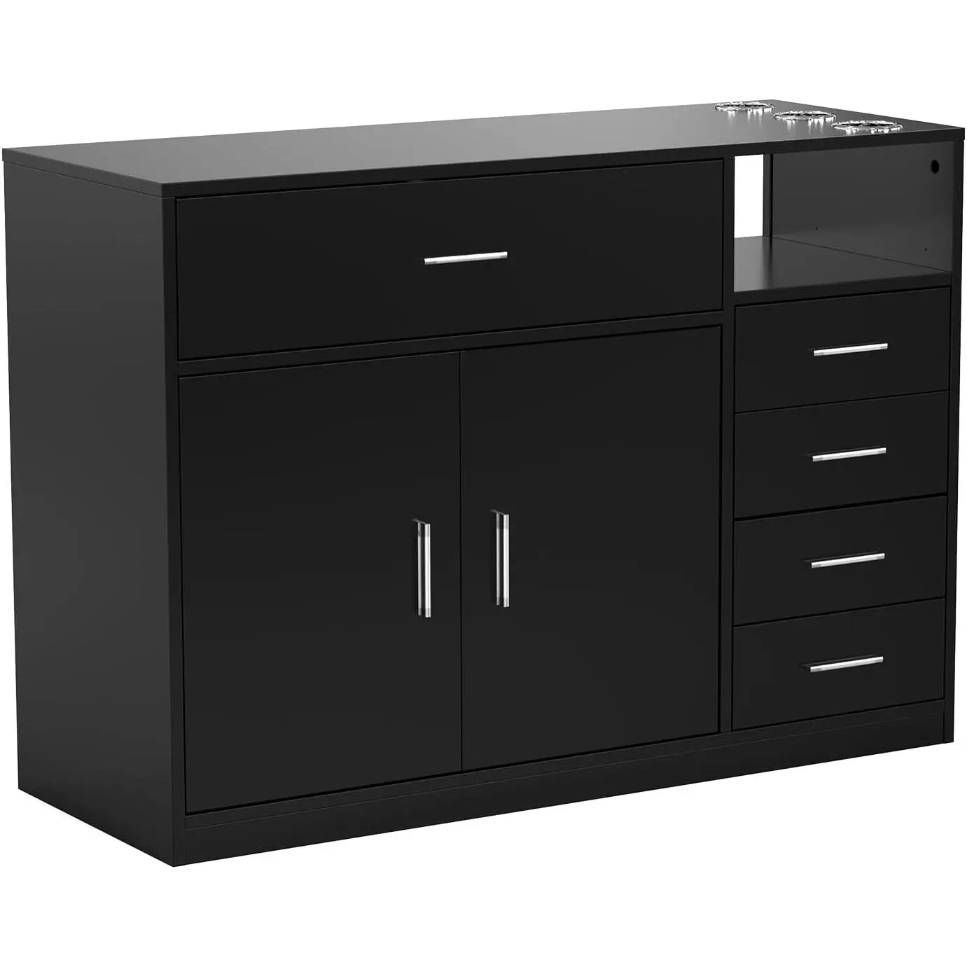 OmySalon Sturdy Free-Standing Salon Station Cabinet - Commercial Barber Furniture, Waterproof Hair Styling Beauty Dresser with 5 Drawers, 1 Cabinet, 3 Hair Dryer Holders for Salon, Spa Storage (Black), 3 Dryer Holders