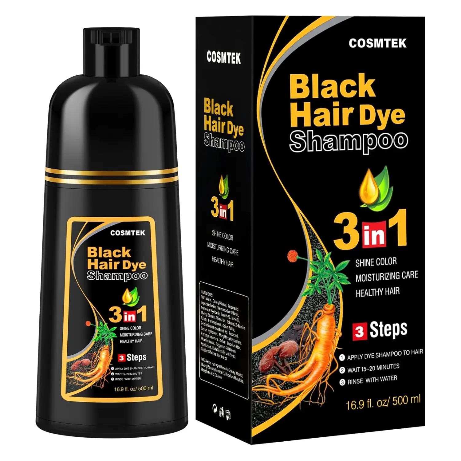 COSMTEK 3 in 1 Black Hair Dye Shampoo - Herbal Ingredients Can cover gray hairs,Contains Ginseng Extract,Natural Haircoloring