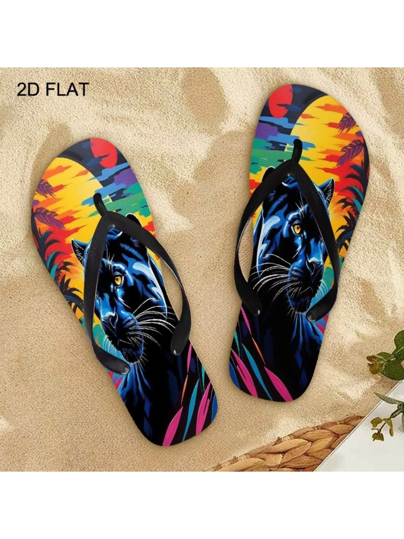 Women's Fashion Flip Flops, Stylish Panther Art Design, Multiple Colors & Sizes Available, Comfortable Daily Wear, Trendy Summer Sandals for Ladies, Vibrant Tropical Plant & Sunset Backdrop Inspired, Lightweight & Durable Footwear, Women Shoes
