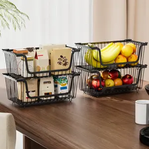 【Holiday Deals】San Dream 4 Pcs Stackable Wire Baskets  for Pantry Organizers Metal Storage Bins Produce Potato Onion Storage Bin Vegetable Fruit Basket for Countertop