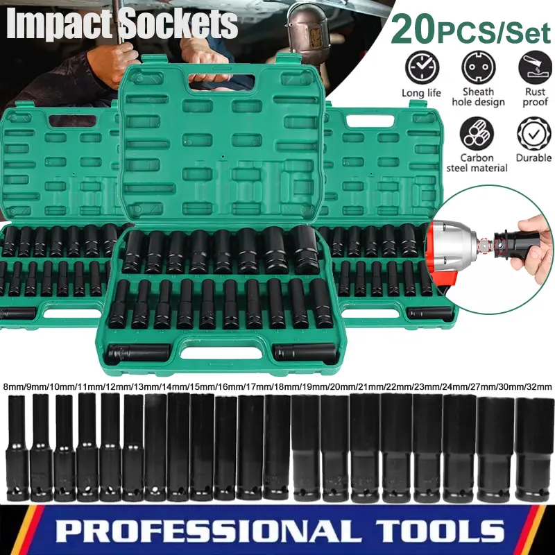1/2" Drive Impact Socket Set, 20Pcs Drive Master Deep Impact Socket Set 8mm - 32mm, Metric, 6 Point, with Impact Driver Socket Extension Bar for Home Car Repair