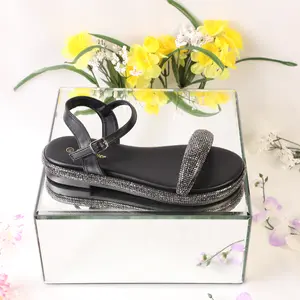 Woman sandal rhinestone embellish platform heel flat heel ankle strap buckle open round toe