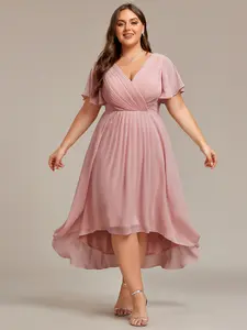 Ever-Pretty 2026 【Plus size curvy dresses】,Chic V Neck Asymmetrical Hem Ruffles Sleeve Pleated Chiffon Wedding Guest Dress for Women Minimalist Shortsleeve Basic Comfort Formal 01923 Womenswear