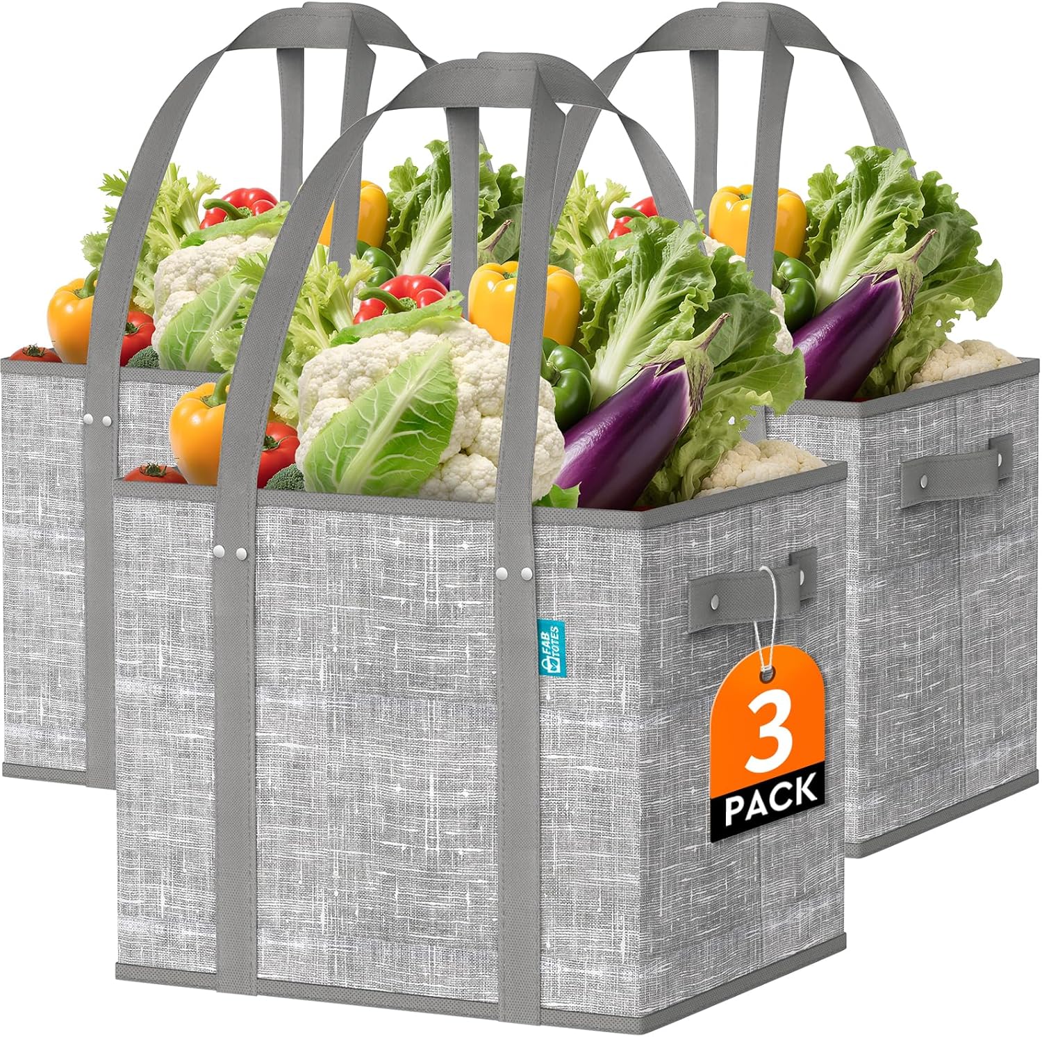 Reusable Grocery Bags, Large Foldable Shopping Tote Bags with Reinforced Handles & Hard Bottom, 3 Pack