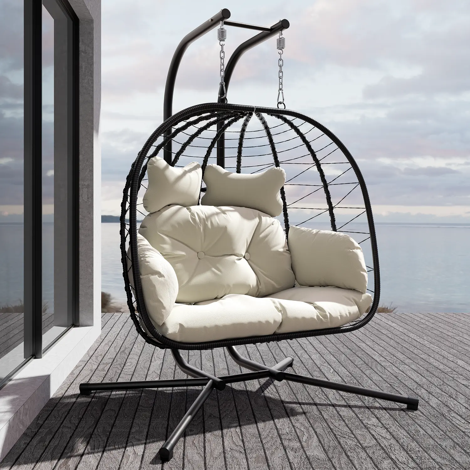 【Back in stock】RIWENGO Double Hanging Egg Chair with Cushion, 700lbs Capacity - Foldable Patio Chair with Handwoven PE Wicker & Rust-Proof Frame, for Garden, Porch, Backyard Soft Lounge Swing