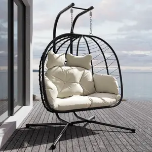Double Hanging Egg Chair with Cushion, 700lbs Capacity - Foldable Patio Chair with Handwoven PE Wicker & Rust-Proof Frame, for Garden, Porch, Backyard Soft Lounge Swing