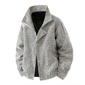 Korean Version Geometric Line Texture Jacket for Men Loose Fit Stand-Up Collar Casual Wear Dark Grey Fabric Coats Spring 2025 Clothes Menswear