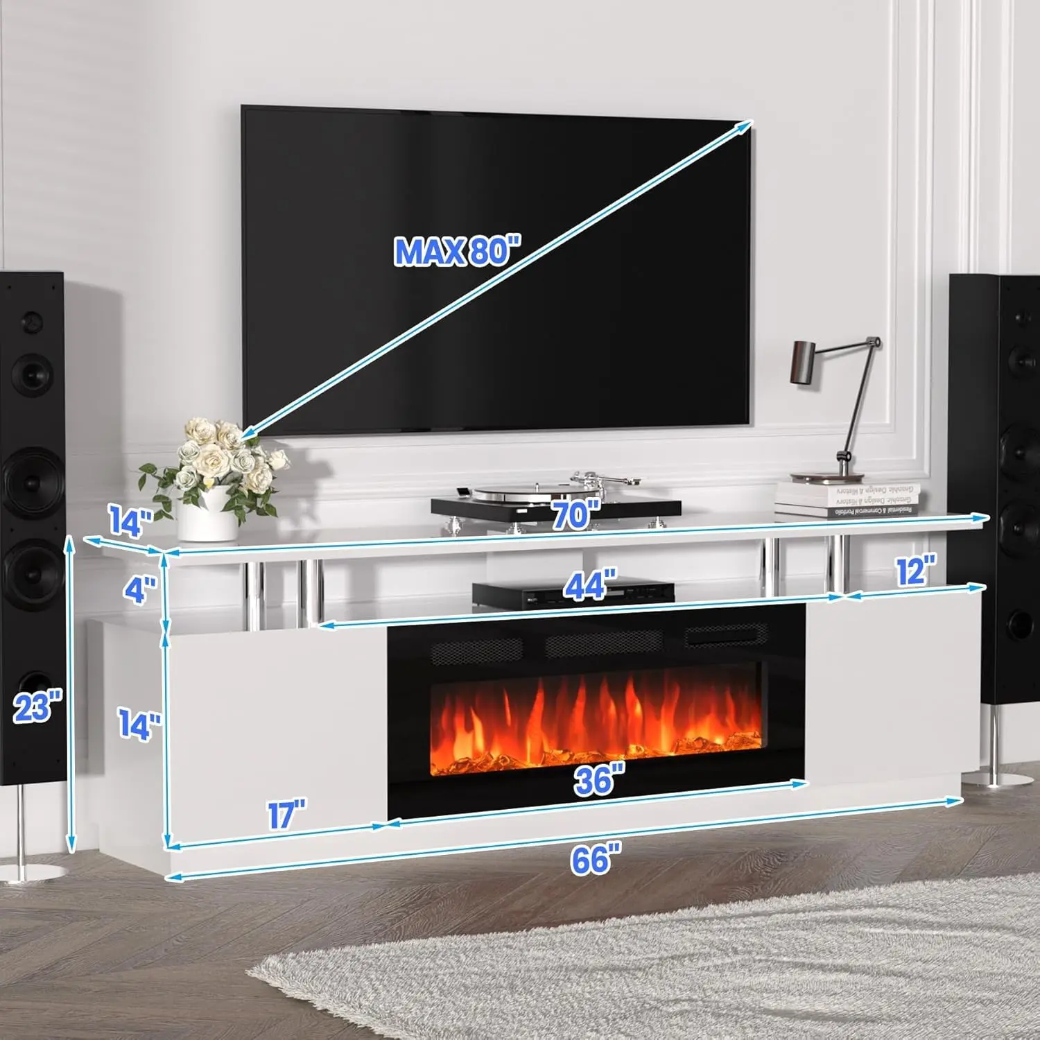 70-in White Modern Engineered Wood Fireplace TV Stand - 36-in Electric Fireplace Heater, 12 Flame Effects, Adjustable LED Flames, 2-Tier Storage Cabinets, Solid Base, Remote Control, 400 sq ft Coverage, Wall Mount Compatible Indoor Furniture, Led Lighting