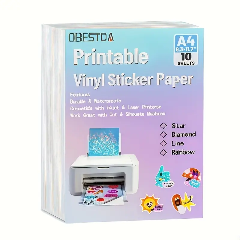 10pcs Printable vinyl sticker paper -A4 vinyl waterproof stickers, used for gloss treatment of scrapbooks, crafts, phone cases, laptops,holographic vinyl stickers.