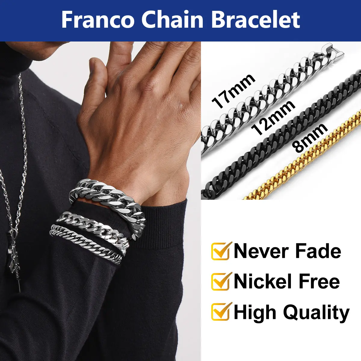 PROSTEEL Franco Chain Link Bracelet Stainless Steel Cuban Chain Bracelet Trendy Chunky 8mm/12mm/17mm Width Bracelets Unisex For Men Women Gift Box Summervibe