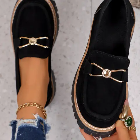 Women's Simple Loafer Shoes, Fashion Punk Round Toe Mid Heel Slip-On Shoes, Comfortable and Stylish Versatile Daily Footwear, Fashionable Lightweight Loafers, Casual Textile Shoes