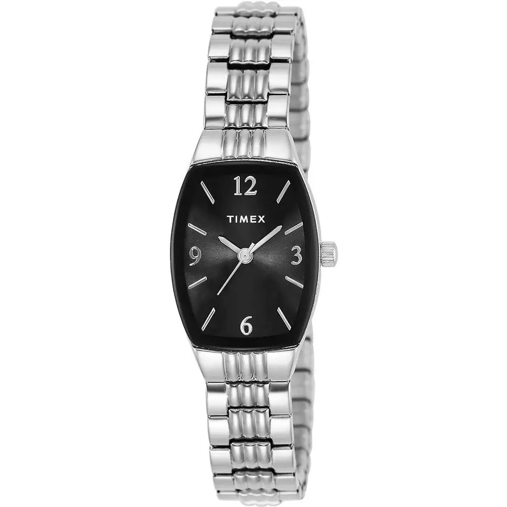 TIMEX Women's Main Street Watch, Tonneau Stainless Steel Expansion Band, Black Dial with Mineral Glass Crystal, TW2V25700, Mineral Glass Dial